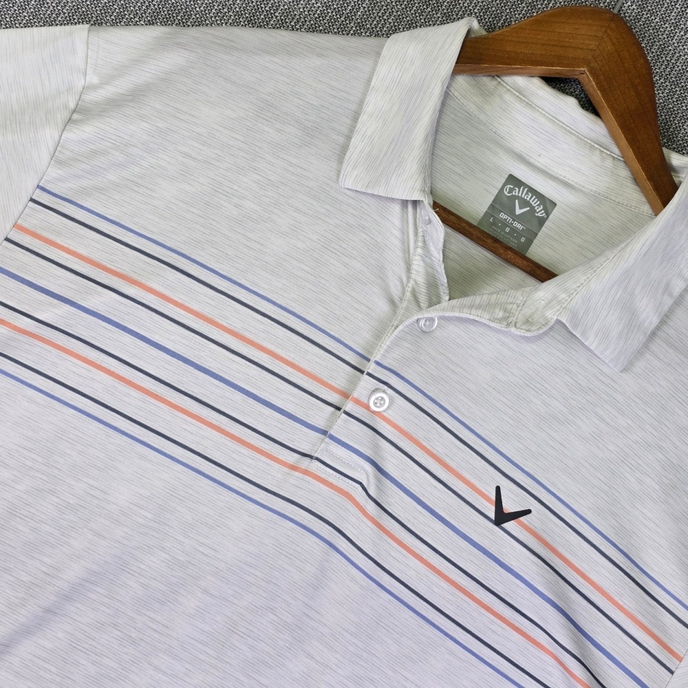 Callaway Golf Polo Shirt Mens Large Gray White Opti Dri Multi Color Chest Stripe